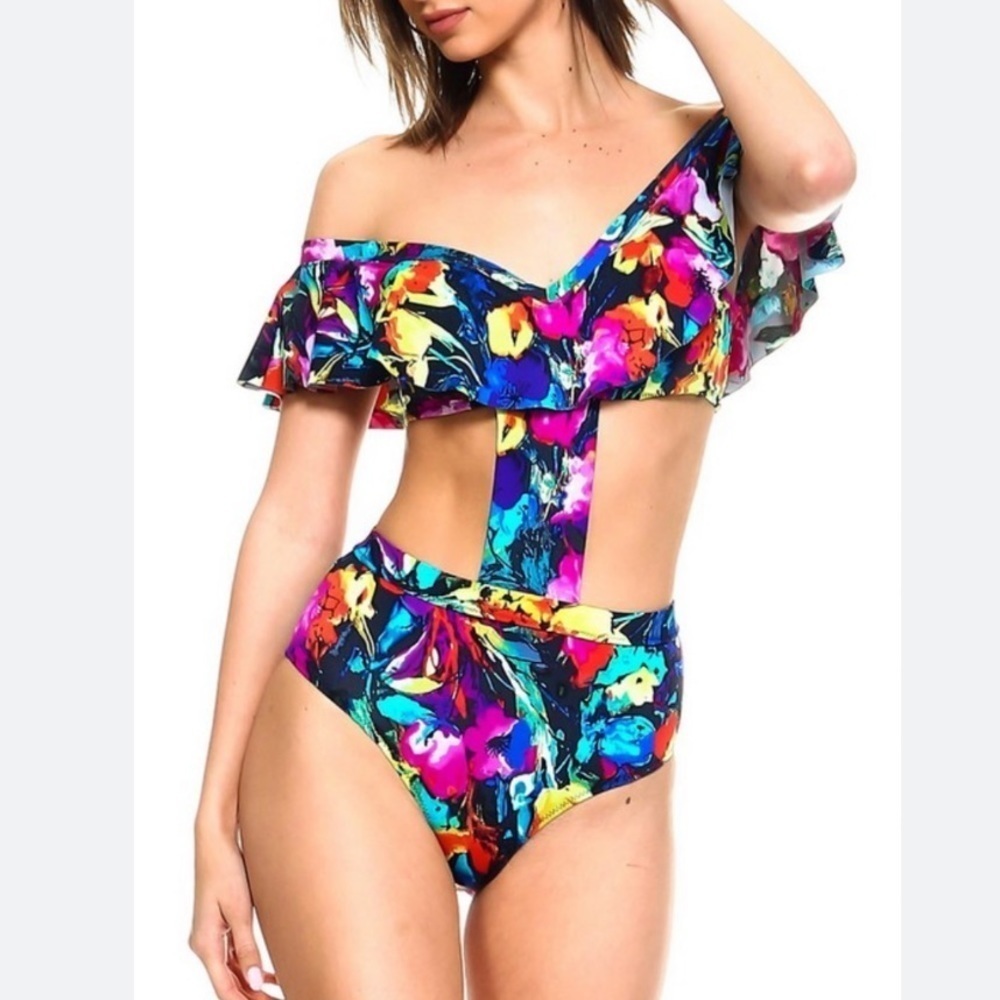 NWT Envya The Flirt Off Shoulder Ruffle Cutout Vibrant Floral One Piece Swimsuit